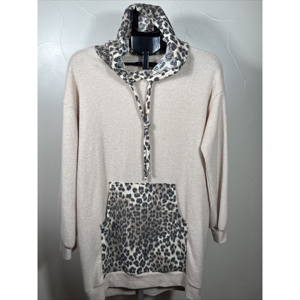 White Birch Womens Ivory‎ Leopard Kangaroo Pocket w Hood Sweater Or Dress M